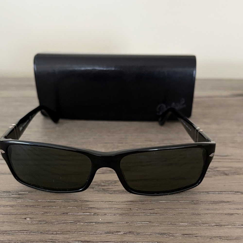 Persol Black Rectangular Sunglasses with Silver Arrow Detail